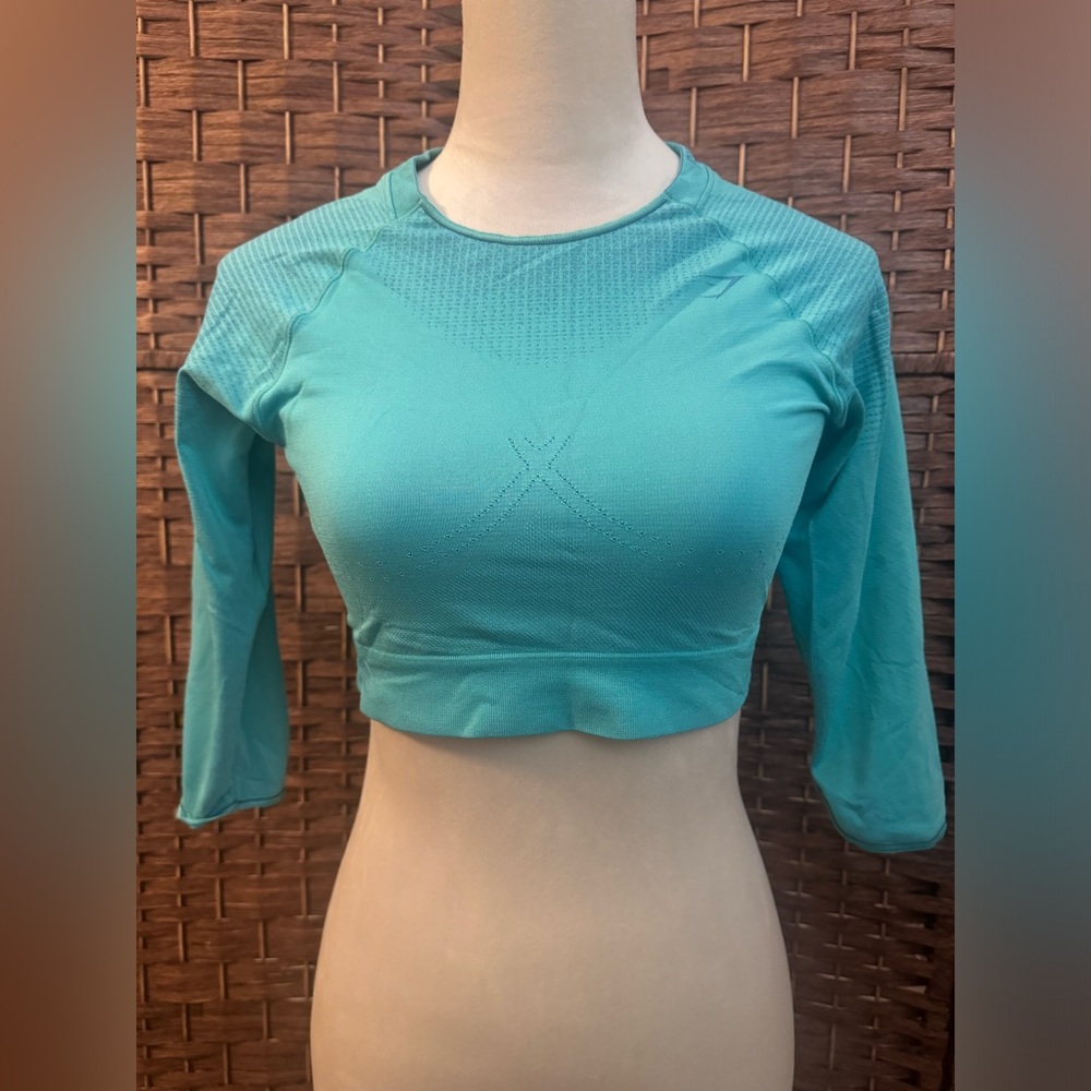 Gymshark Workout Seamless Crop Top Quarter Sleeve Teal Active Exercise Large
